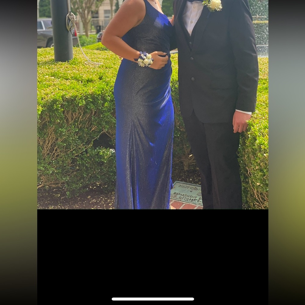 Navy blue, sparkly, color shifting, elegant one shoulder prom dress